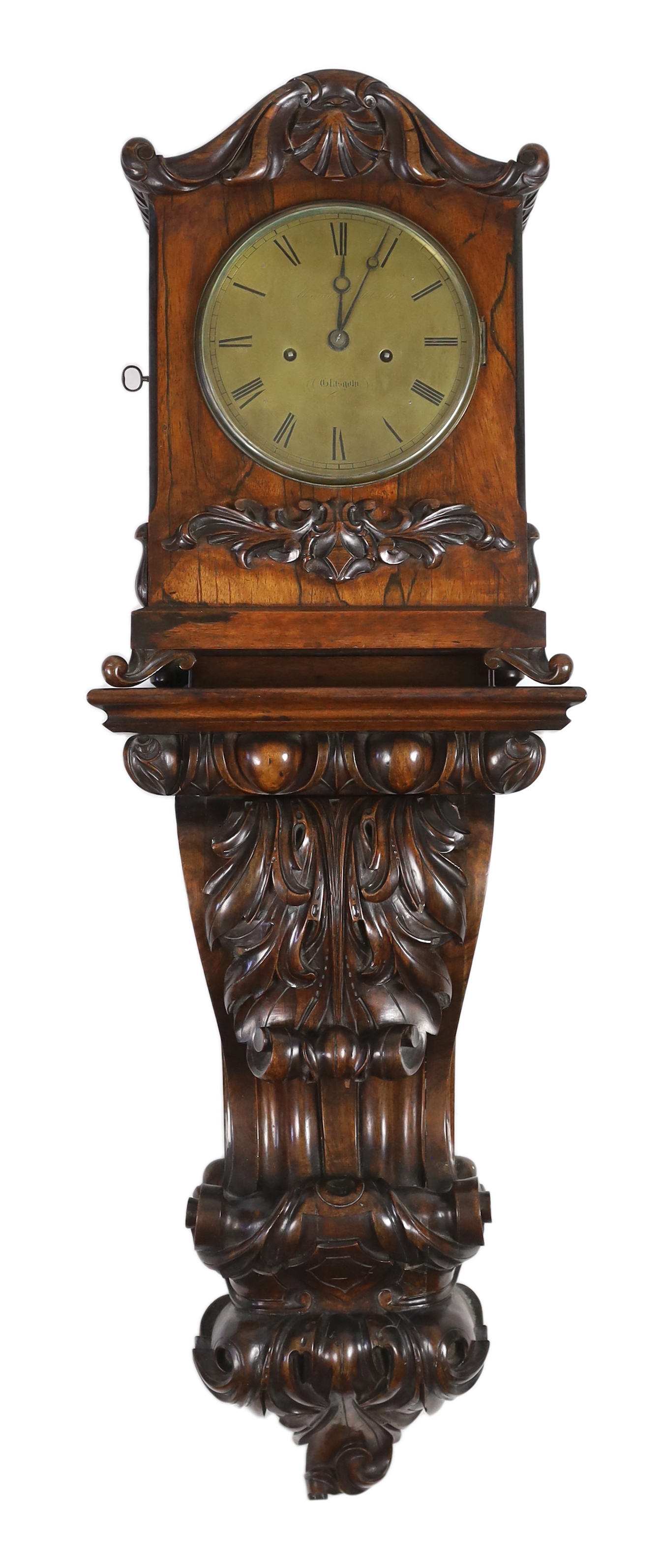 An unusual William IV rosewood wall clock, 39cm high, 22cm deep, overall 120cm high